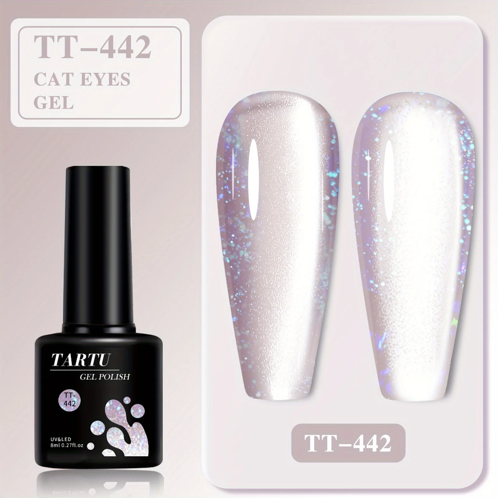 Cat Eye Gel Nail Polish, 8ml Soak Off LED/UV, Neutral Purple Holographic Porcelain Glitter effect for Nail Art, Long-lasting