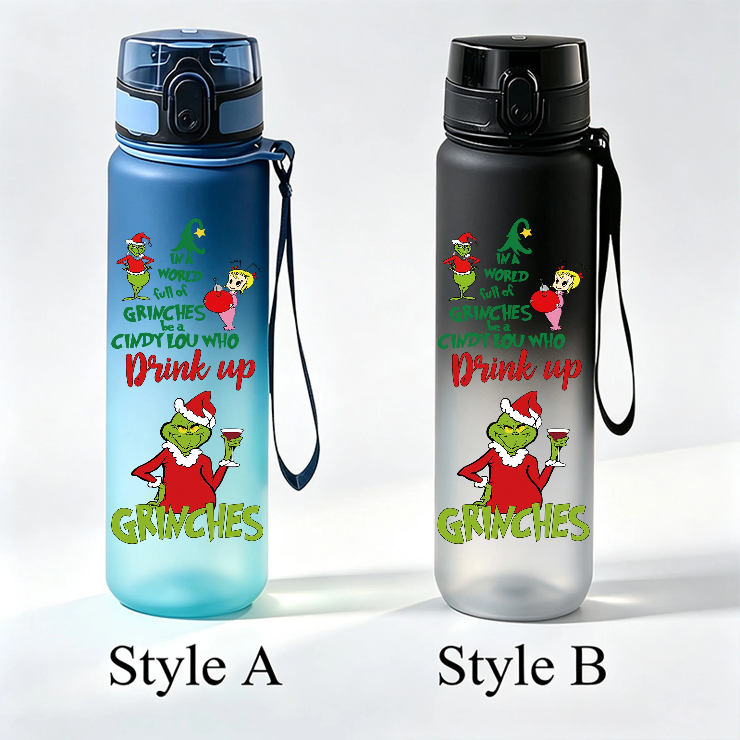 650ml The Grinch Christmas Bouncing Lid Water Cup, Gradient Frosted Leak‑proof Portable Sports Drinking Bottle with Lanyard