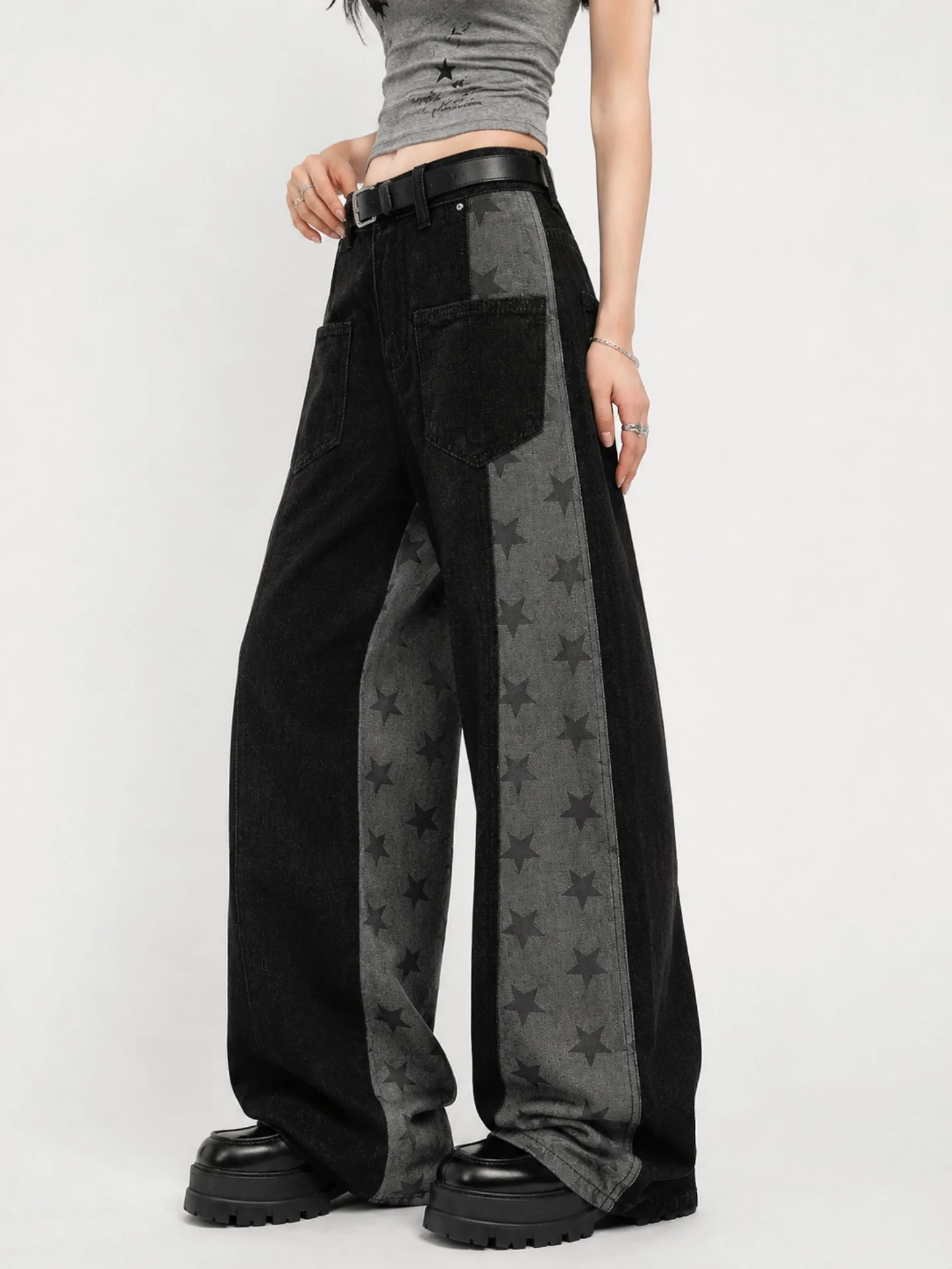 Calças Jeans Estilo Americano com Recortes, Corte Reto Solto, Design Unissex, Efeito Emagrecedor e Bolsos Inovadores
