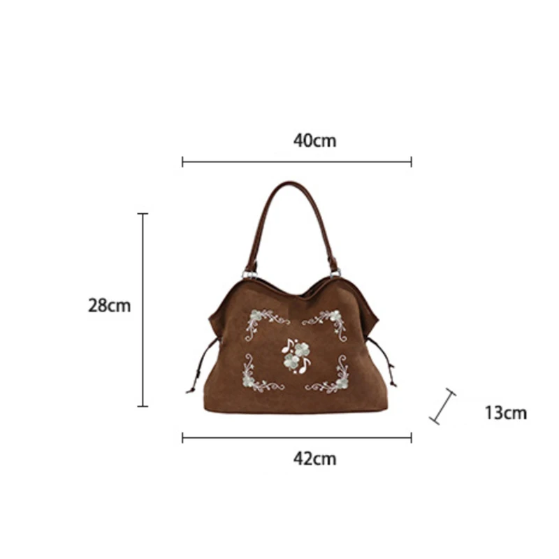 Koreanische Umhängetasche mit Kordelzug, ethnische Blumen- und Musiknoten-Stickerei, große Handtasche für Damen, Vintage-Handtasche für den Winter. – Detail 1