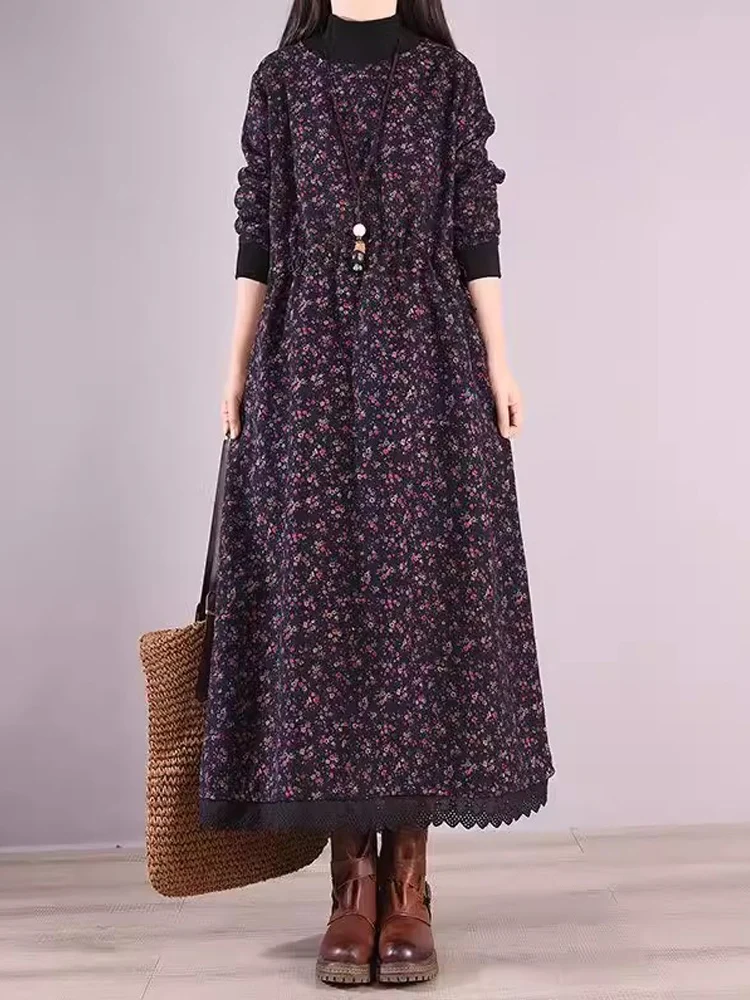 Plus Velvet Dresses Women 2024 New Autumn Winter Literary Vintage Floral Print Dresses Thick Warm A-Line Maxi Dress Vestidos