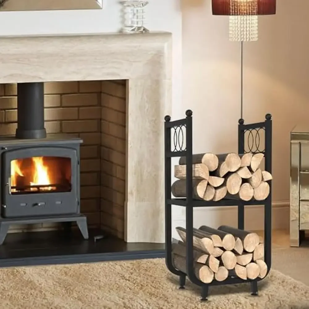 رف الحطب في الهواء الطلق الثقيلة الصلب 2-Tier حامل مقاومة للصدأ المحمولة تخزين الموقد حفرة سهلة التجميع سعة 200 رطل