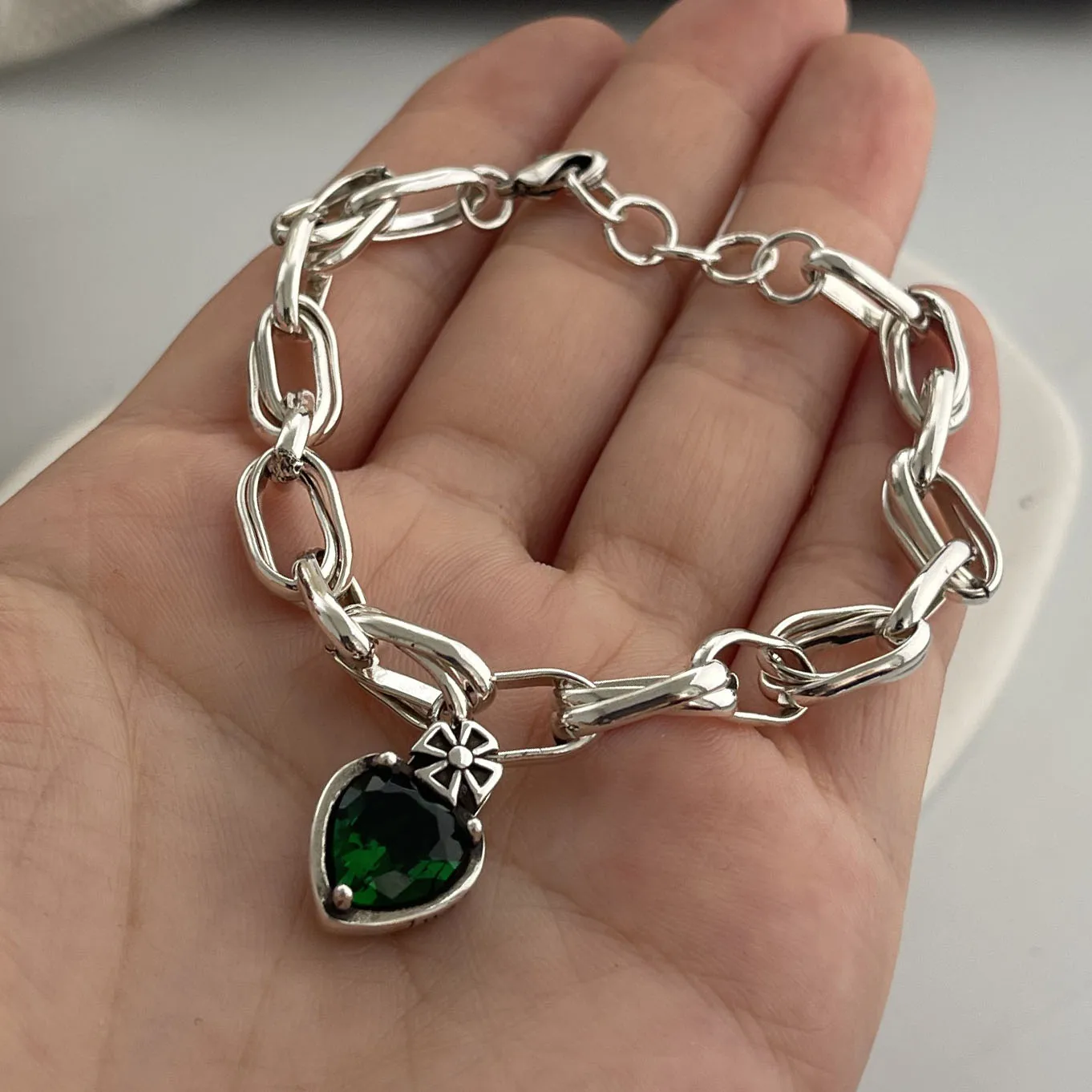 

925 Sterling Silver Bracelets for Women Men String Accessories Trend Vintage Green Heart Stone Beads Pendant Party Jewelry Gift