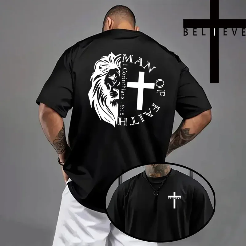 Herren-T-Shirt mit christlichem Jesus-Kreuz-Design, hochwertige Baumwolle, kurzärmelig, Frühling/Sommer, lässiges Mode-Oberteil, einfarbig. – Detail 2