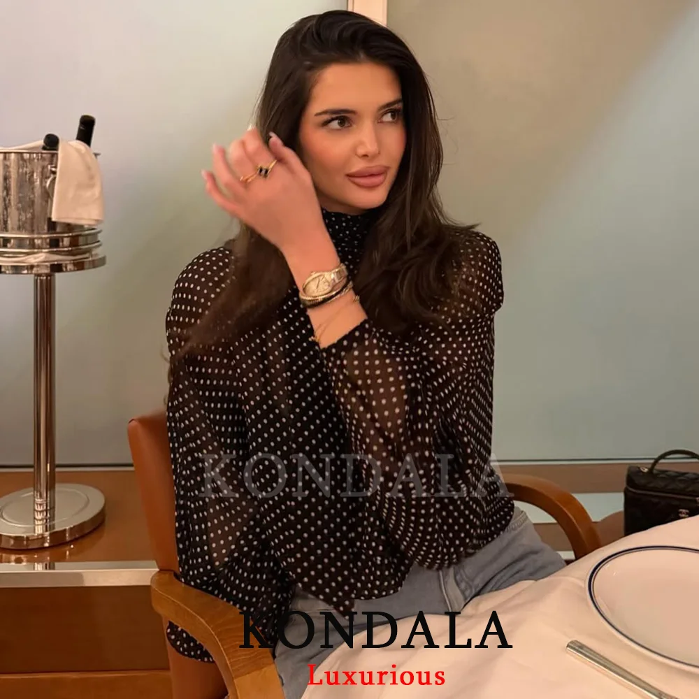 KONDALA بلوزات شيفون مثيرة مطبوعة بنقاط وأكمام طويلة وربطة عنق قمصان فضفاضة موضة 2026 لربيع وصيف ملابس علوية شفافة أنيقة