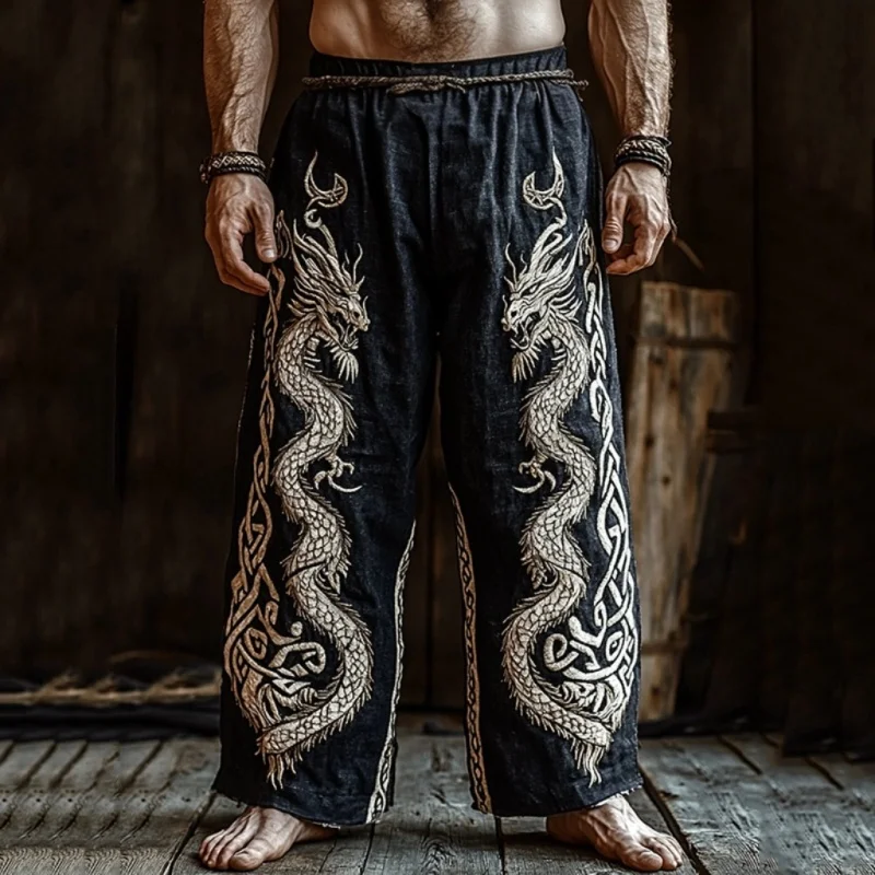 

Men's retro Viking Celtic Dragon 3D printed casual pants, drawstring straight leg pants, summer beach pants, jogging pants