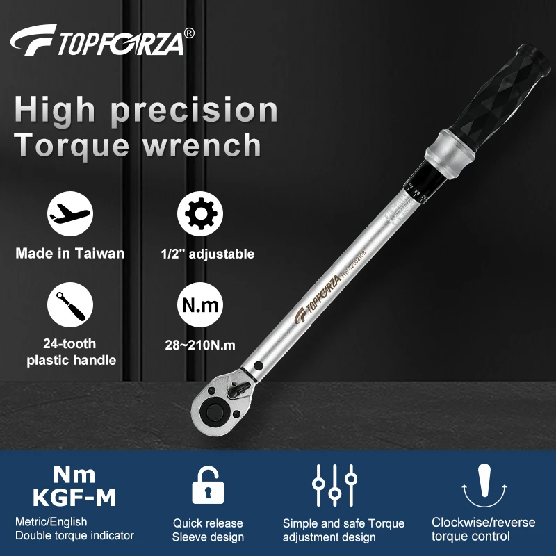 Topforza 1/2'' Preset Torque Wrench 28-210N.m Adjustable Square Drive Ratchet Torque Spanner Car Bike Auto Repair Hand Tools