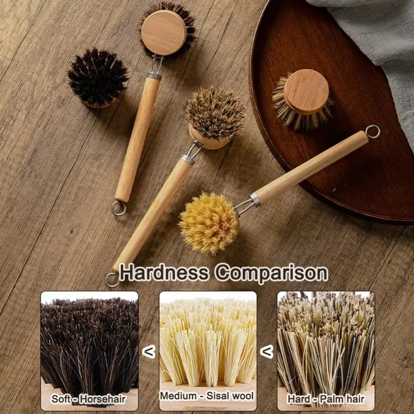 1PCS Natural-bristle long-handled pan brush with replaceable heads (horsehair, sisal and coconut fibre) kitchen scrubbing brush