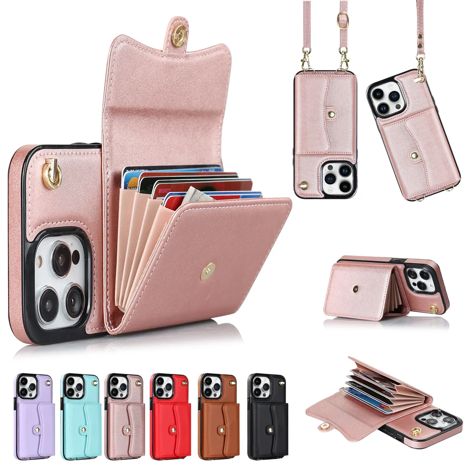 

Lanyard Crossbody Wallet Phone Case for IPhone 17 16 15 14 13 12 11 Pro XS Max XR X 8 7 Plus Case Card Slot Holder Leather Purse