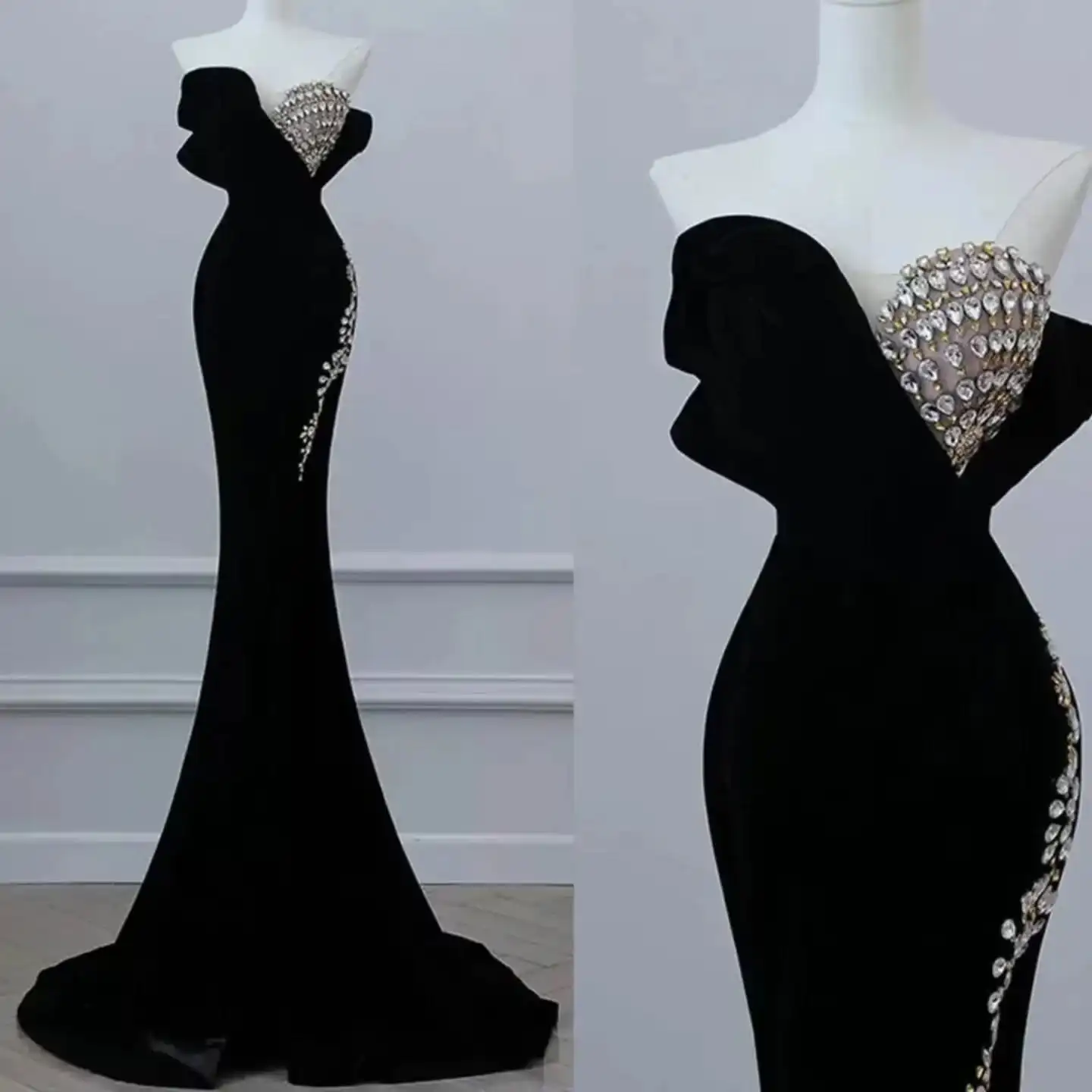 

Customized Luxury Crystal Velvet Mermaid Evening Dress High Quality Sleeveless Sweetheart Floor Length فساتين سهرة