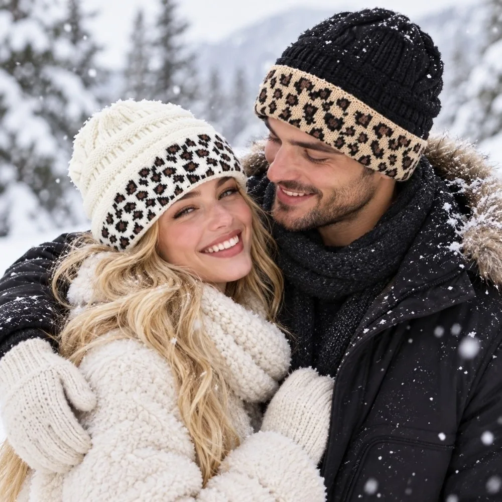 Patchwork Beanie Thickened Leopard Beanie Elastic Patchwork Knitted Hat Y2K Soft Fleece Lined Cap Couples