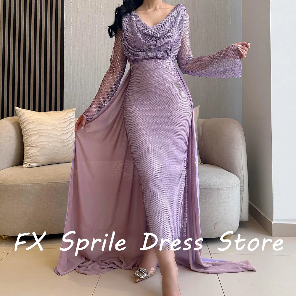 V Neck Long Sleeves Chiffon Ankle Length Sheath Panel Train Backless Elegant Evening Dress For Formal Occasions Custom Size 2024