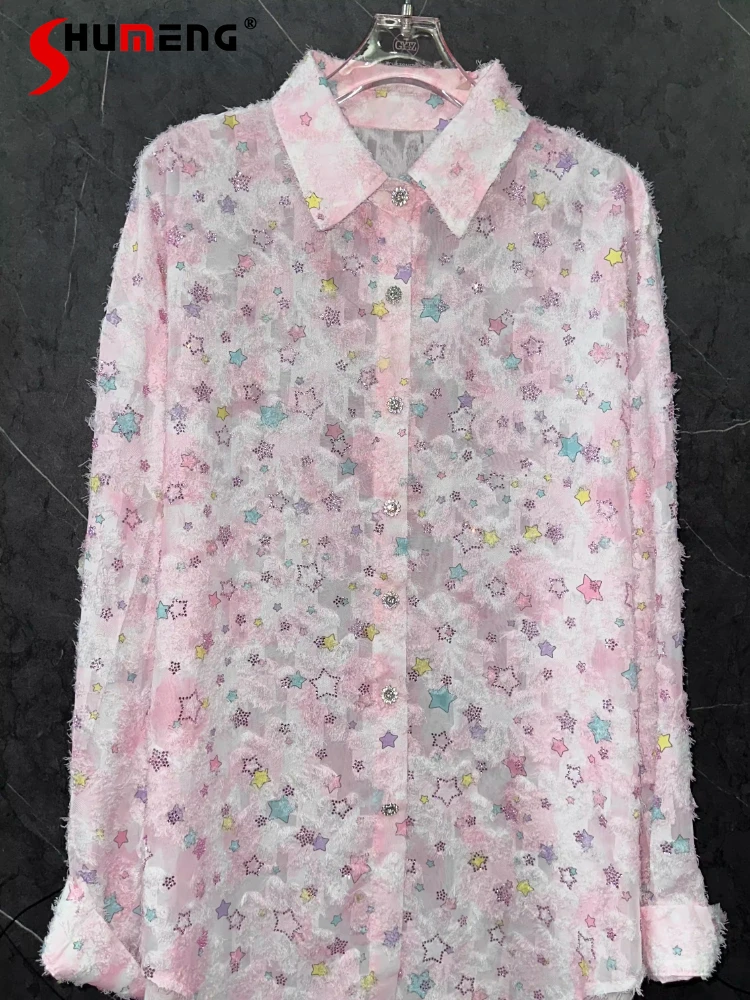 

2026 Women's Summer New Fashion Shirts Hot Diamond Five-pointed Star Long-sleeve Shirts Women's Loose Comfort Versatile Tops