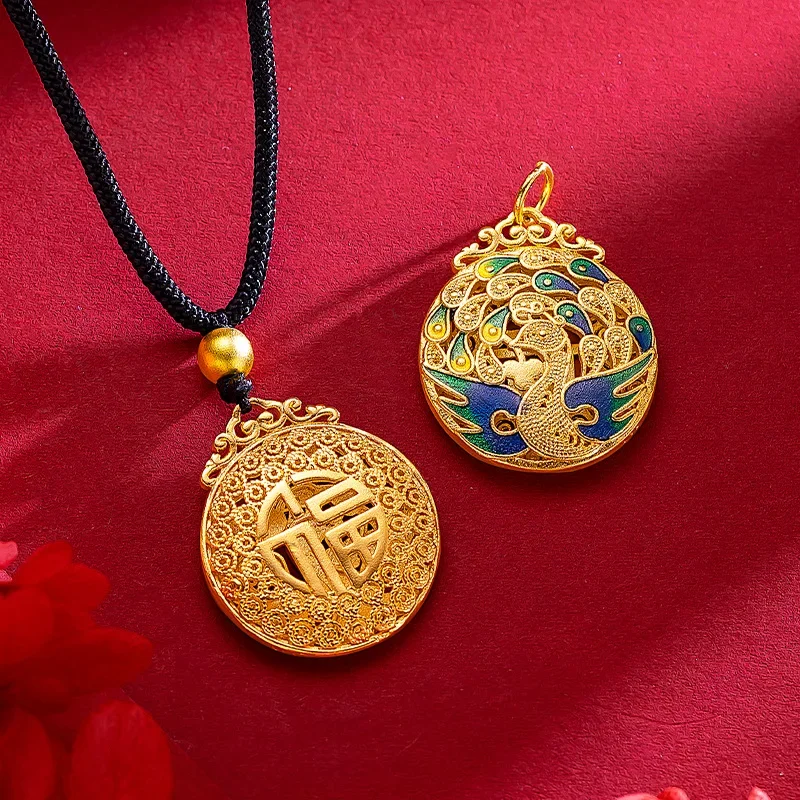 9999 real gold 24K yellow gold Phoenix Pendant Women\'s Ancient Method Phoenix Fu Brand Burned Blue Enamel Pendant