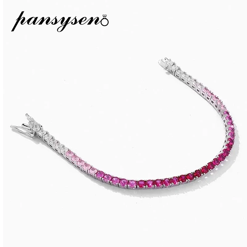 PANSYSEN Luxury 100% 925 Sterling Silver 3MM Round Gradient Pink Blue Sapphire High Carbon Diamond Charm Bracelets Fine Jewelry