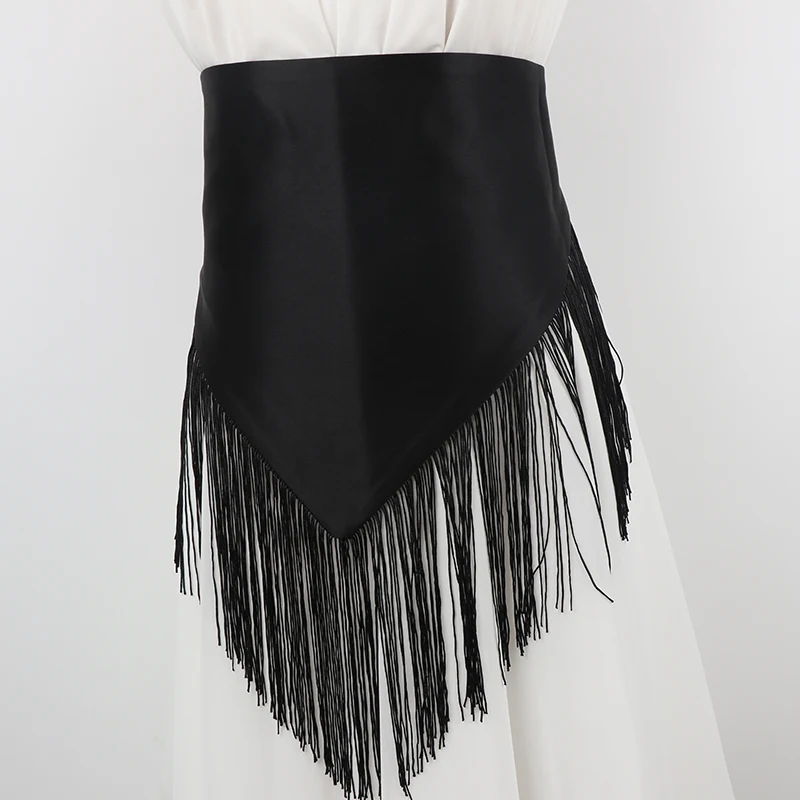Women Triangular Tassel Waist Sash Adjustable Tie Wide Waistband Decorative Wrap Belt Accessory For Evening Party Dress