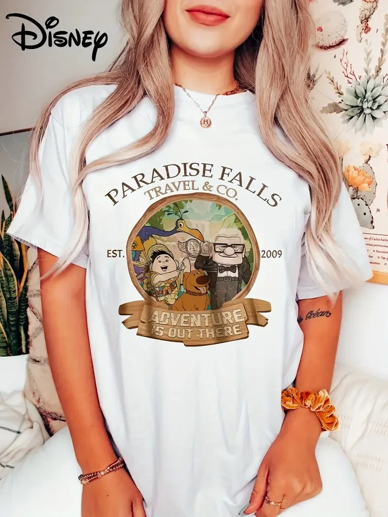 

2025 Disney Pattern Printed Women's Casual Comfortable Unique Smiling Face Black Round Neck Short Sleeve T-shirt