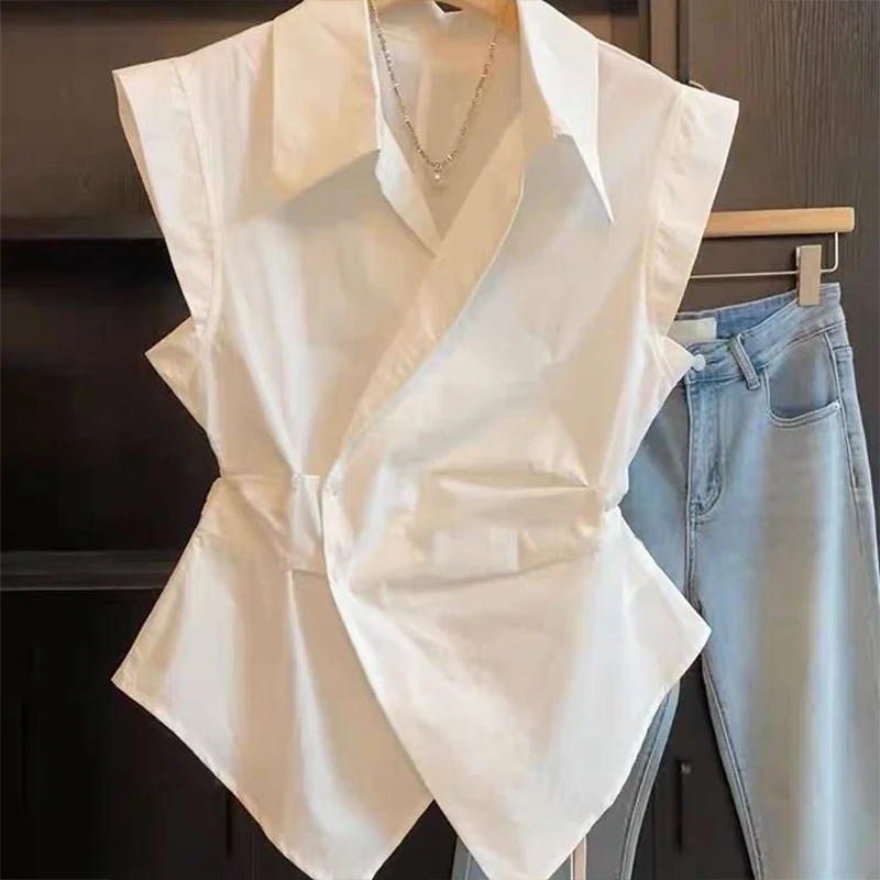 Polo Neck White Waist-pinching Shirt for Women 2025 New Summer High-end and Versatile Slimming Temperament