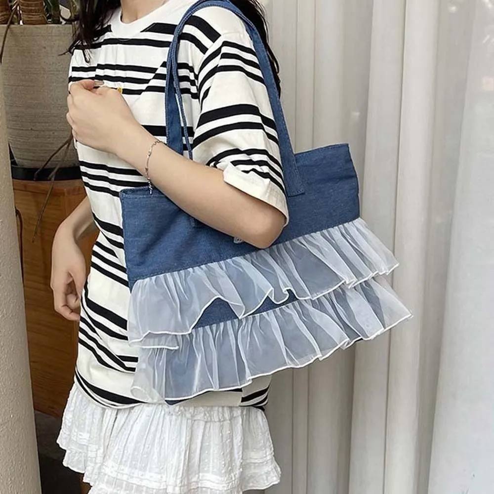 

Storage Bag Portable Denim Blue Tote Bag Large Capacity Korean Style Denim Lace Handbag Versatile Black Underarm Bag Summer