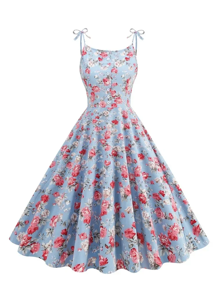 2025 New Retro 1950s 60s Women's Clothes Knot Strap Summer Single-Breasted High Waist Charming Floral Print Vintage Cotton Dress