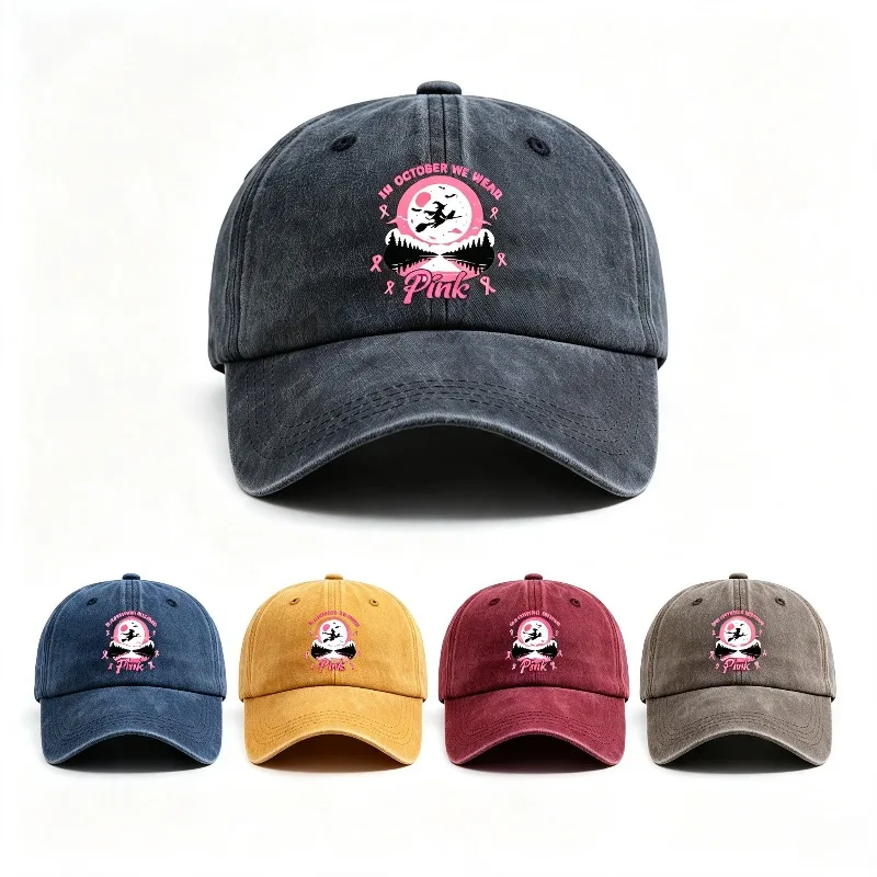 Unisex Adjustable Washed Dad Hat, In October We Wear Pink Witch Graphic Baseball Cap, Breast Cancer Awareness Halloween Sun Cap