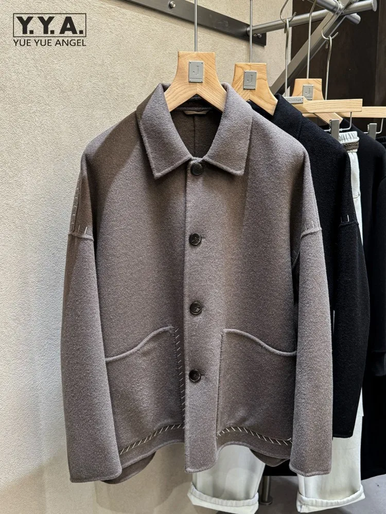 

Male Work Fashion Winter Warm Casual Single Breasted Double Side Turn Down Collar Jacket Loose Fit Coat Mens Long Sleeves Coat