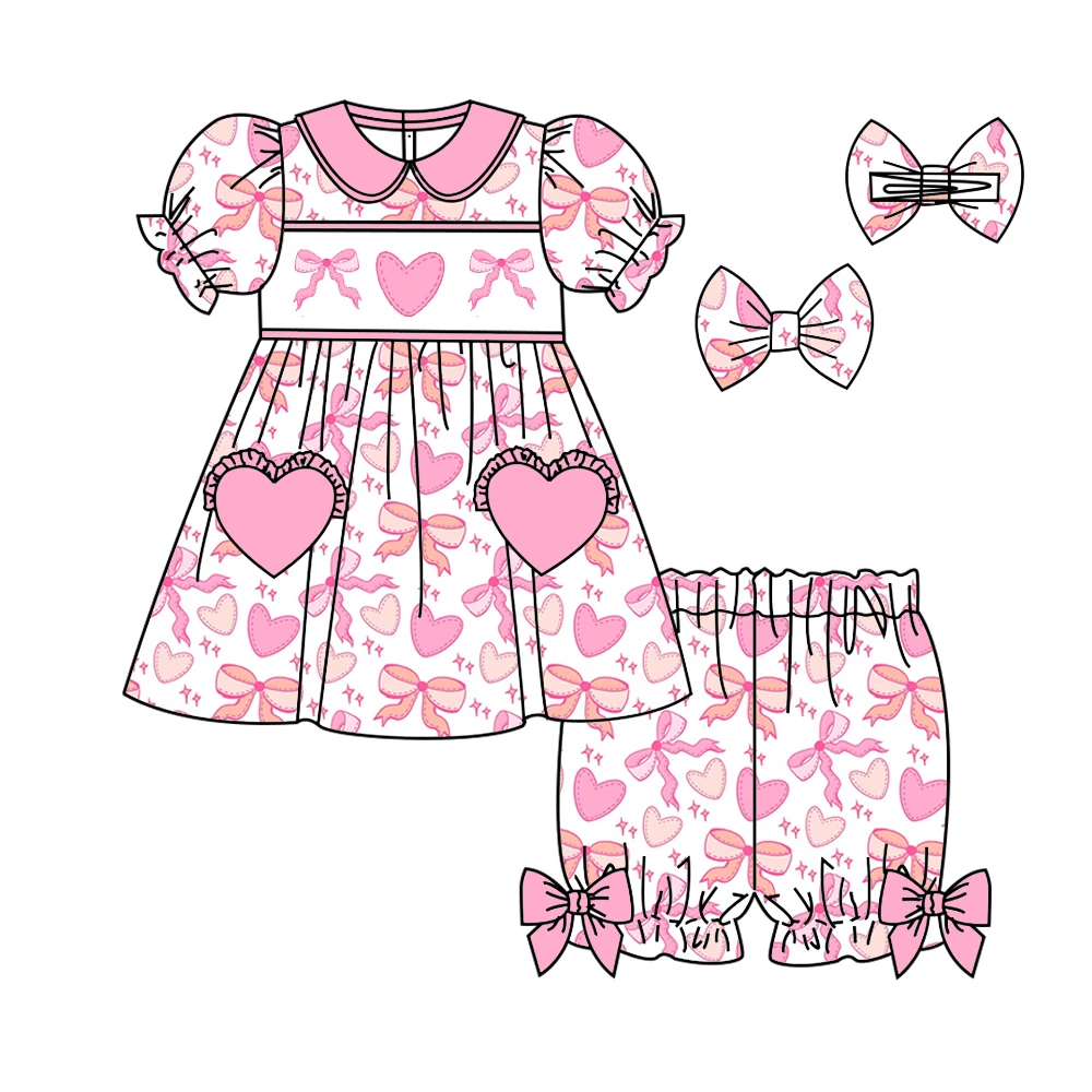 Baby Valentine's Day Clothing Wholesale Boutique Milk Silk Clothing Pink Bow Love Print New Hot Selling Matching Clothing