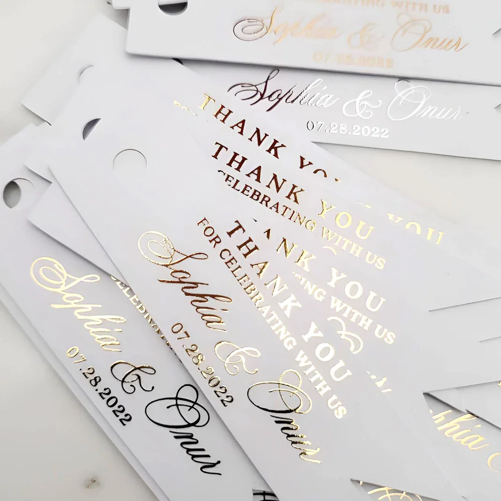 50pcs Custom Wedding Labels, Gold Name Tags, Wedding Thank You Label, Personalized Wedding Label Pre-punched Hole