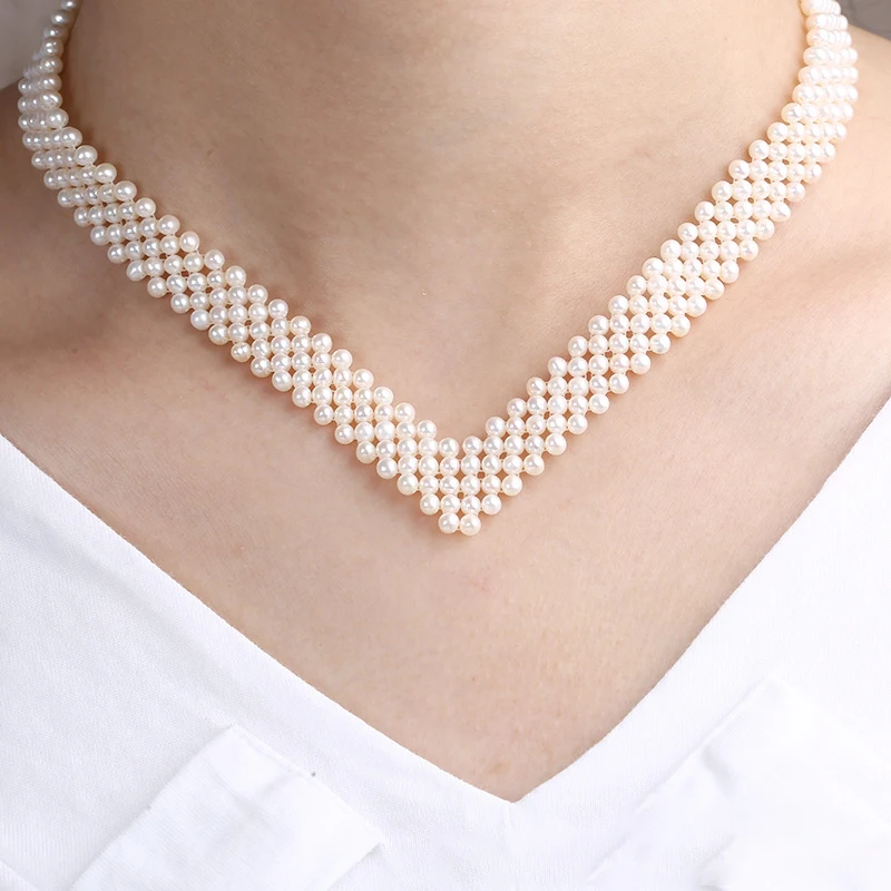 Women's Hand woven freshwater pearl V clavicle necklaces