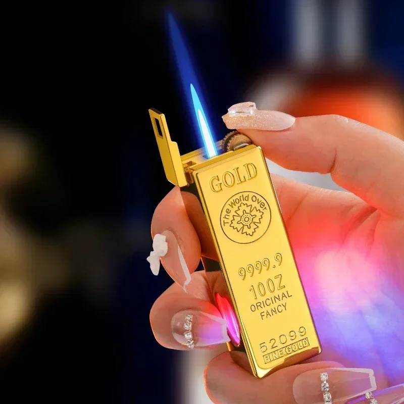 Luxury Metal Gold Bar Lighter Torch Jet Fire Butane Gas Lighter with Flash Light Inflated Cigarette Cigar Lighter Gadget for Man