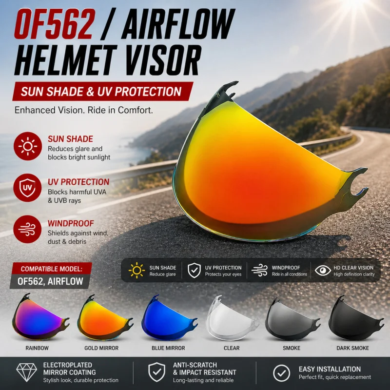 

OF562 Helmet Visor for AIRFLOW, Electroplated Lens, UV Protection Sunshade, Anti-Glare Windproof Shield w/ Base Ring Kit