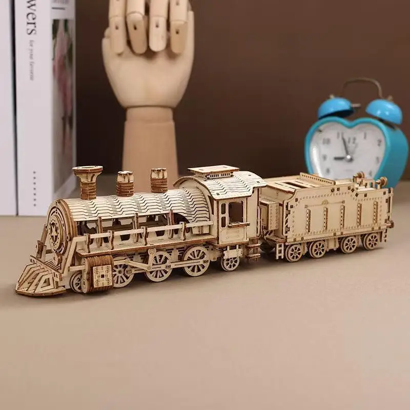 Retro Train Locomotive 3D Wood Puzzle Set DIY Construction Toy for Children Adults Gift
