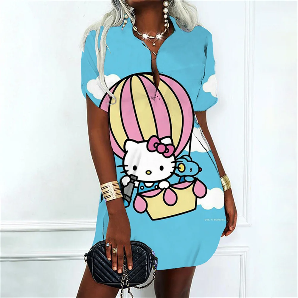 Women\'s Dress Cartoon Hello Kitty Fashion Polo Shirt Kawaii Clothes Lovely Party Dresses Sexy Costume Women Prom Gown Streetwear