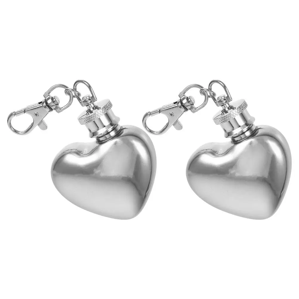 Mini Flask Keychain 2 Pieces Stainless Steel Heart Shaped Leakproof Portable Pocket Bottle for Outdoor Use