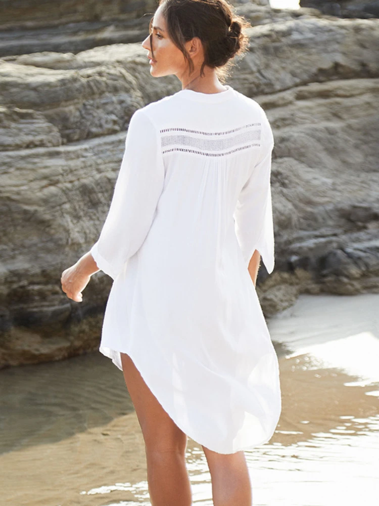 Beach Shirts Women Bikini Cover Up White Asymmetric Lace Cut Out Elegant Cotton Tunic Button Summer Bathing Suits