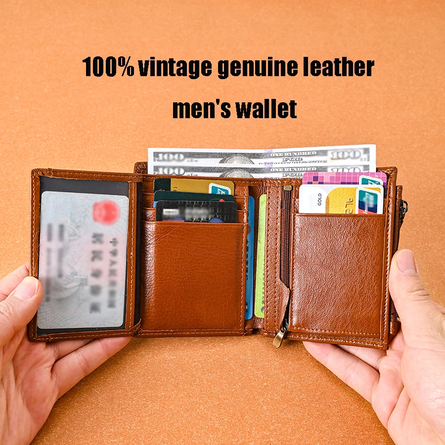 Vintage genuine leather Wallet For Men RFID Air tag wallet Tri-fold Card Holder Traceable Pocket zipper coin purse