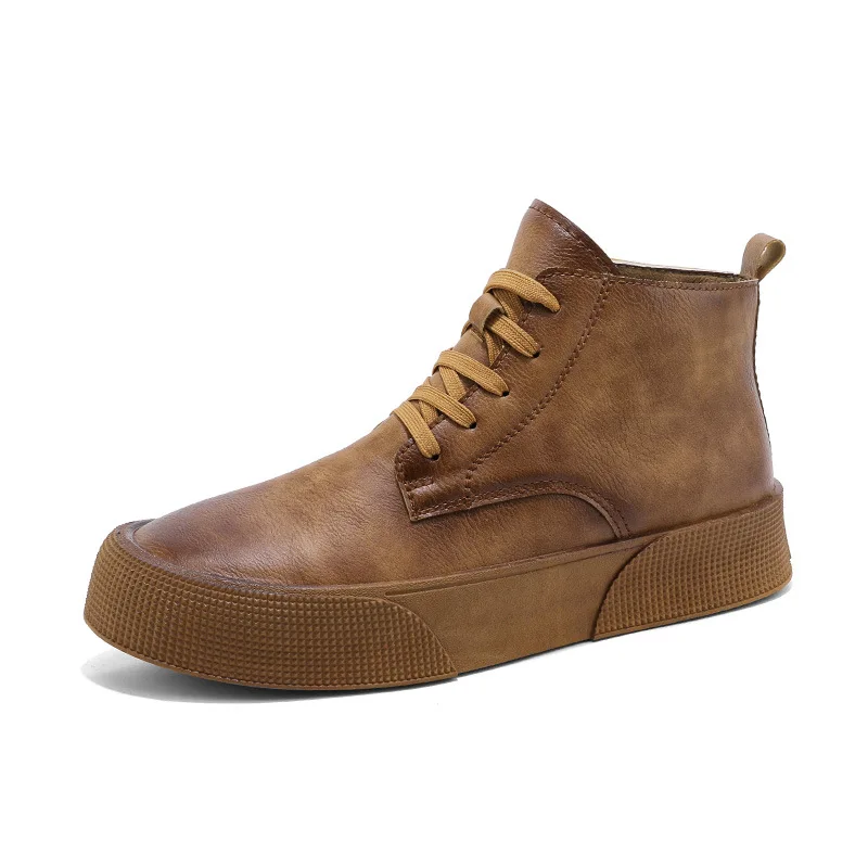 Botines de cuero genuino de corte alto para hombre, zapatillas de moto, botas de herramientas, zapatos deportivos de plataforma para monopatín, otoño