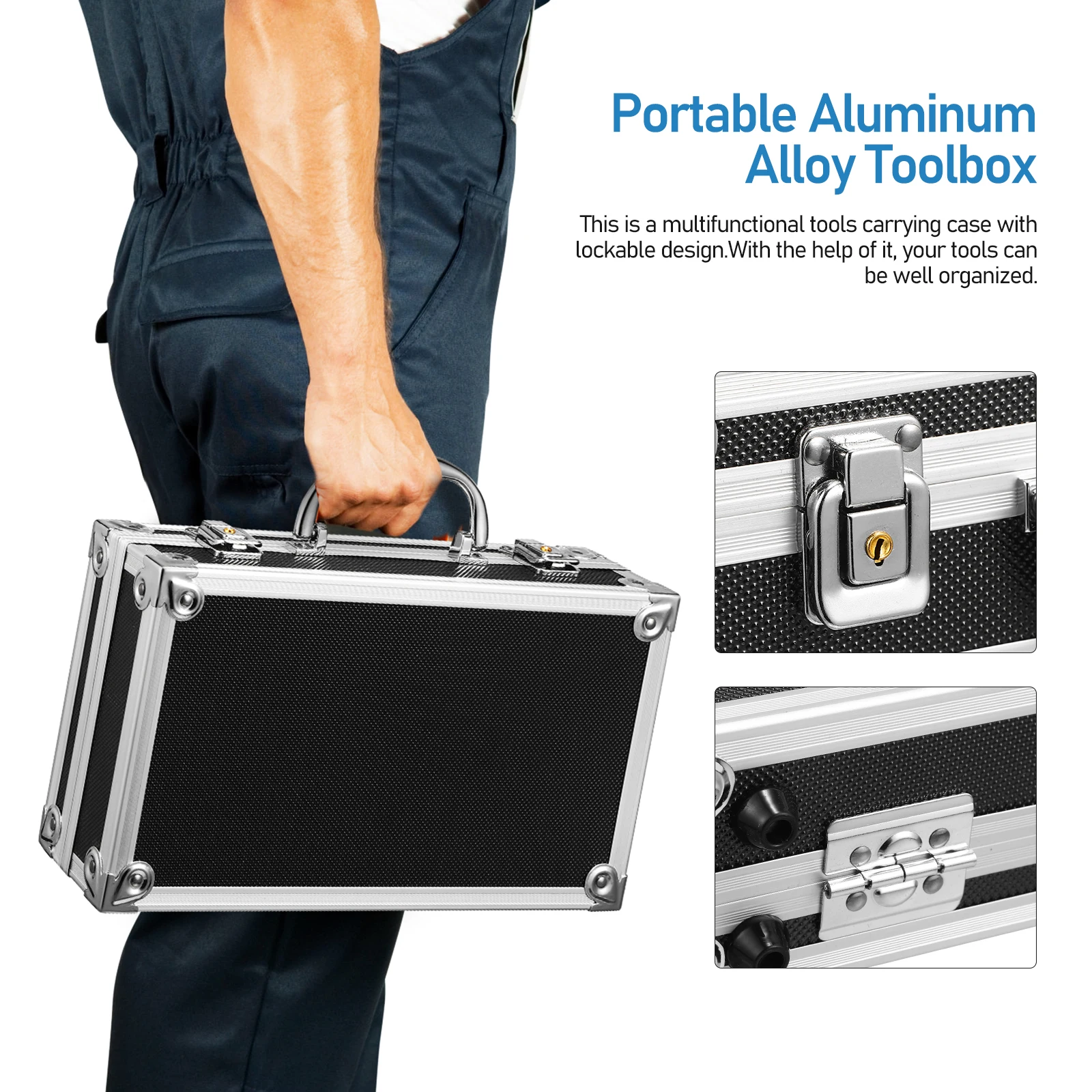 

Aluminum Alloy Toolbox Black Lockable Portable Tool Kit Case Storage Organizer Shock Absorption Aluminum Alloy Toolbox