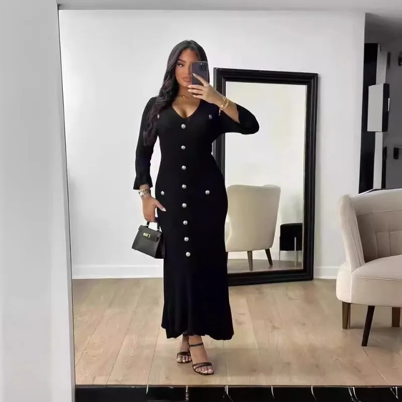 2024 estate autunno elegante abito lungo lavorato a maglia donna scollo a V manica lunga monopetto increspato Slim Casual Street pendolarismo Robe