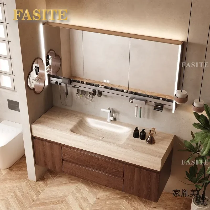 Antique Walnut Bathroom Vanity Sink Hot Bending Rock Slab Integrated Washbasin Cabinet Combo for Modern