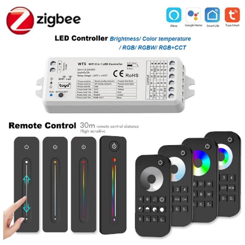 5in1 Tuya Zigbee LED Controller DC12V 24V 2CH-5CH CCT RGB RGBCCT Light Dimmer 2.4G RF Wireless Remote Control for Alexa