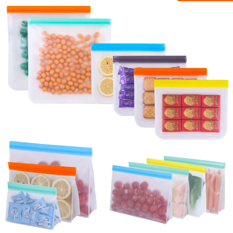 

200Pcs/Lot Reusable Silicone Food Storage Fruit Vegetable Bag Fresh-keeping Bag Sealed Freezer Bag Leakproof Food Ziplock Bag