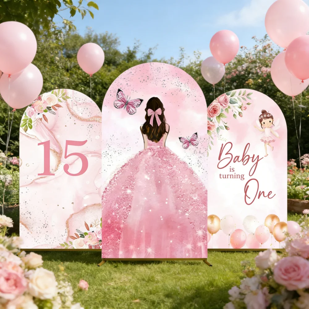 Quinceanera 15th Birthday Arch Backdrop Baby First Birthday Party Decoration Pink Dress Floral Butterfly Photo Background Prop