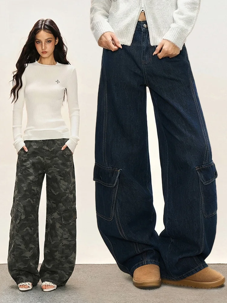 

Джинсы с высокой талией и широкими штанинами для женщин, осенне-весенние, в американском стиле, с множеством карманов, из денима, модные, для работы