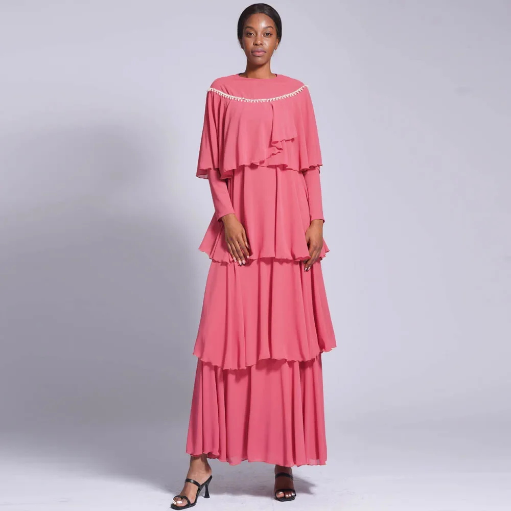 Eid djellaba pérola contas abaya babados camada capa manto maxi vestido feminino muçulmano vestido de noite islam roupas dubai turquia kaftan