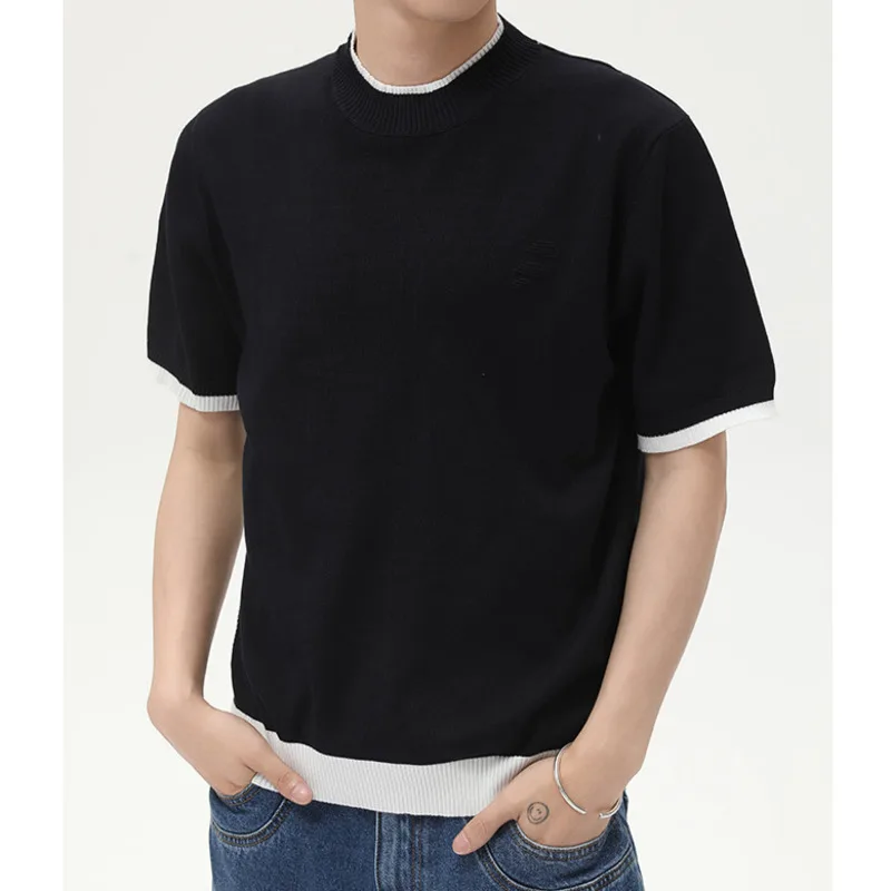 Summer men's Korean round neck knitted fake two-piece color blocked short casual versatile pullover short sleeved T-shirt