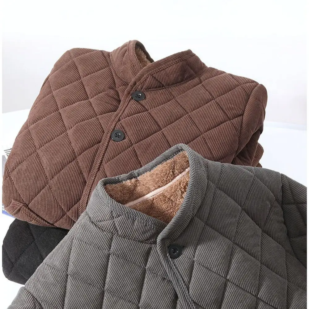 Winter Mens Cotton Padded Jacket Thickened Fleece Lining Thermal Warm Coat Elderly Casual Business Stand Collar Outerwear