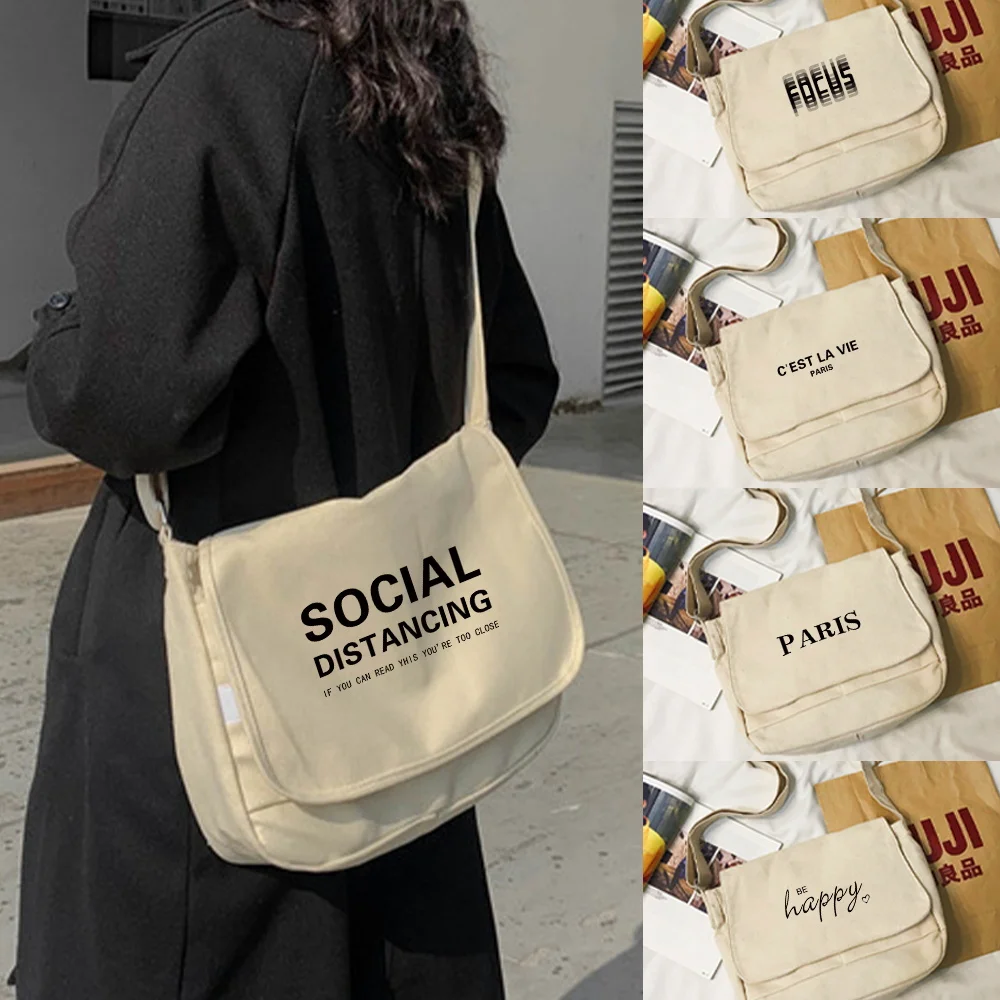 Women Canvas Shopping Bag Text Letter Books Bag Female Cotton Cloth Shoulder Bag Eco Handbag Tote Reusable Grocery Shopper Bags