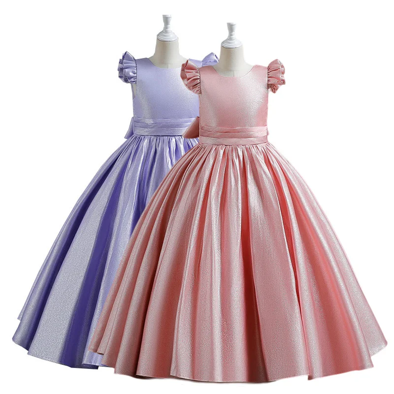 

2024 Summer Lilac Kids Flower Girls Pink Shiny Satin Princess Dress for Birthday Pageant Wedding Party 2-9Y