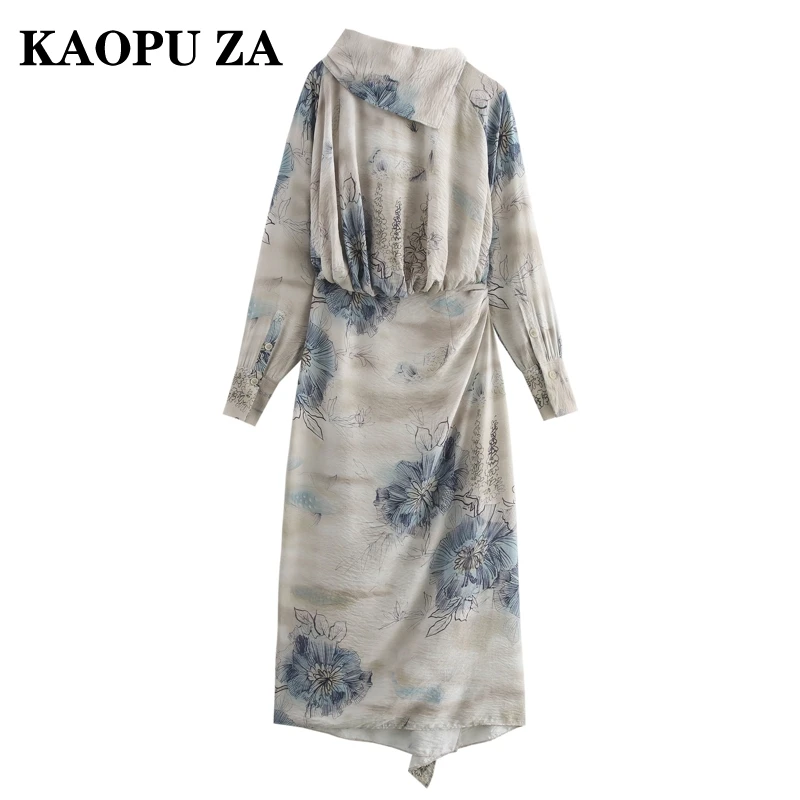 KAOPU ZA Woman 2024 Autumn Vintage Half high Collar Long Sleeve Ruffles Dresses Midi Skirt Female Casual Print Button Dress Top